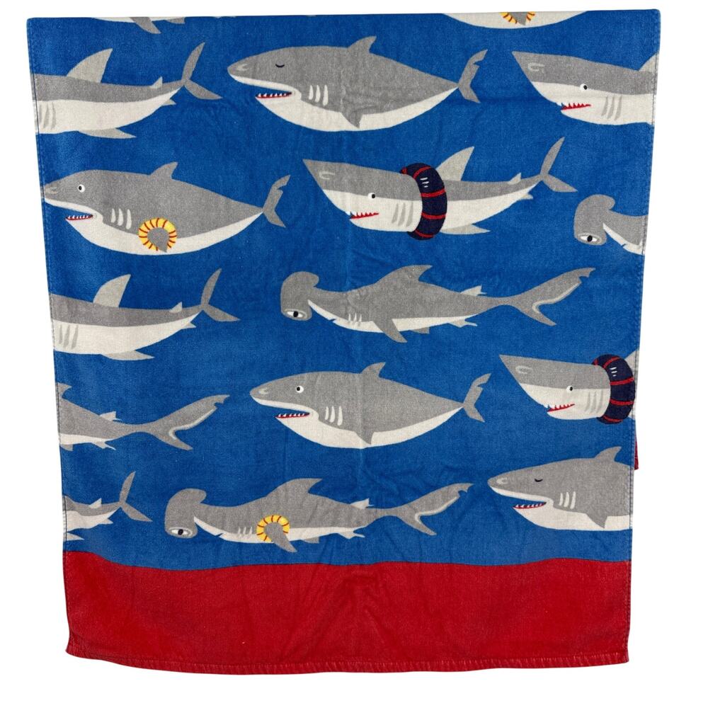 Pottery Barn Kids Shark Bath Beach Towel 100% Cotton 32" x 64" Blue Red